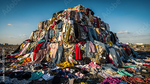 A large pile of discarded clothes in a landfill under the clear sky, symbolizing overconsumption, fast fashion waste, and environmental impact of textile industry. 