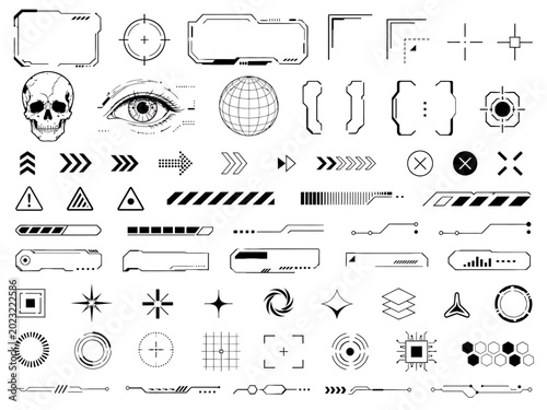 Futuristic digital interface elements collection containing various HUD frames arrows targets and scanning icons for advanced technology software development projects requiring precise data