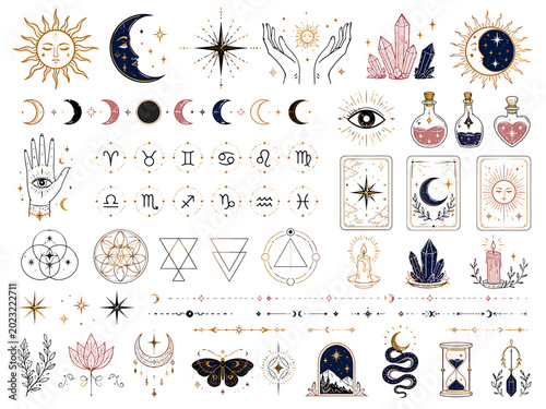 Mystical Esoteric Celestial Symbols Collection Featuring Astrology Zodiac Signs Moon Phases Crystal Stones Hand Gestures Tarot Cards Sacred Geometry Shapes And Magical Alchemical Signs For