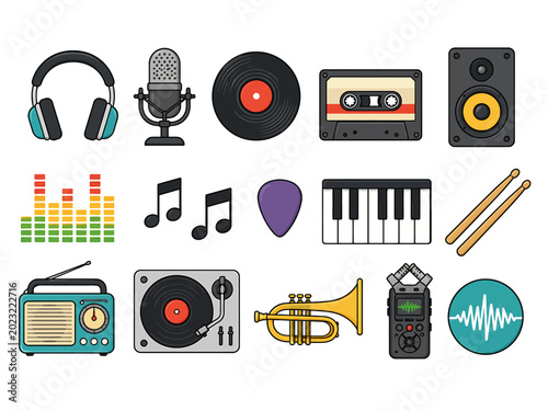 Set of musical equipment featuring classic sound recording tools and vintage audio playback hardware for professional studio production projects and hobbyist radio stations for creating artistic