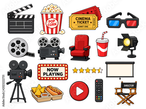 Entertainement theme collection featuring various items related to movies and film industry snacks and equipment for theater enthusiasts who enjoy watching cinema productions on screens every
