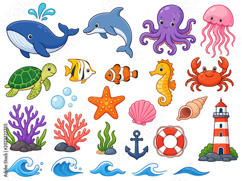 A collection of colorful aquatic creatures and nautical elements perfect for educational purposes showcasing a whale dolphin octopus jellyfish turtle fish seahorse crab seashell and a tall