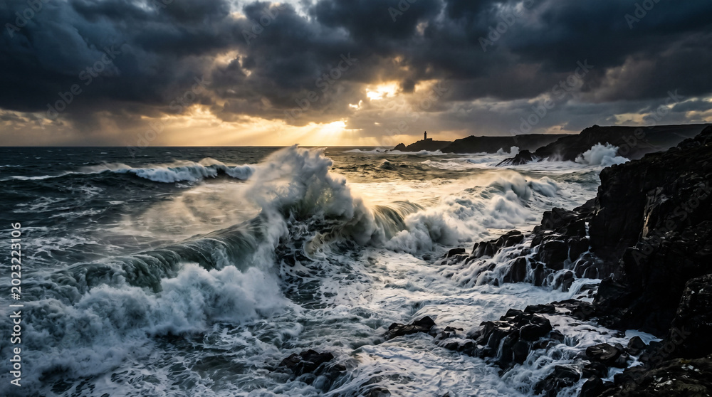 Fototapeta premium Epic Stormy Seascape with Massive Waves and Dramatic Lighting Contrasts Ocean Wall Art
