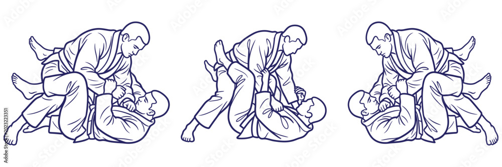 Fototapeta premium Brazilian jiu jitsu line art illustrations showing two athletes grappling in gi uniforms on ground practicing martial arts guard and passing techniques.