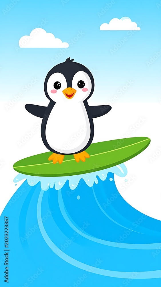 Naklejka premium Penguin surfing on green board ocean.