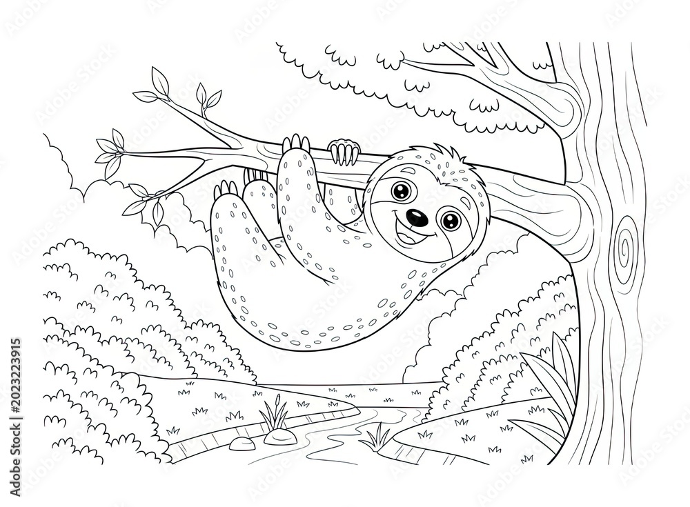 Fototapeta premium Smiling cartoon sloth hanging from a tree branch in a lush jungle setting, whimsical creature
