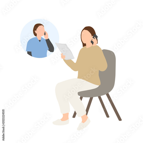 Foto 書類を見ながら電話相談をする女性のイラスト