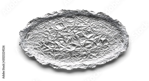 Crumpled aluminum foil plate on white background for food storage