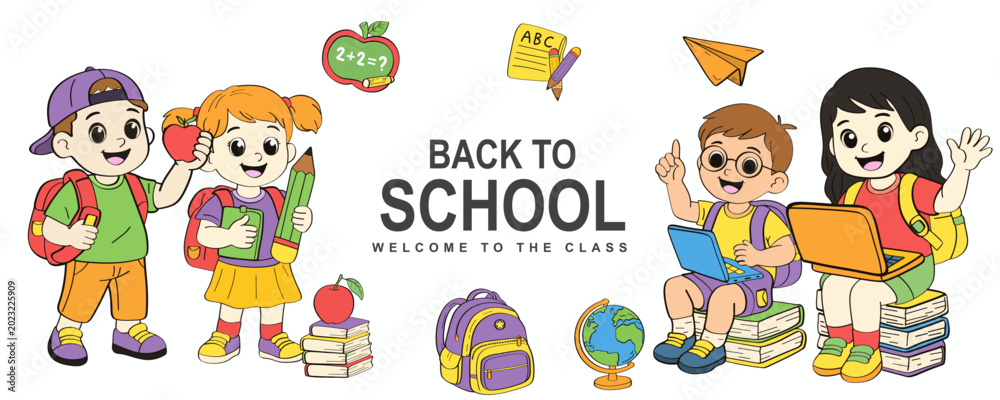 Fototapeta premium Welcome back to school cover set with little school children. backpacks and school supplies for learning Trendy modern vector illustration isolated on colorful background, hand drawn