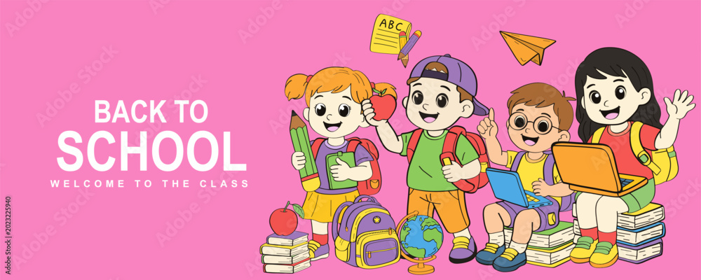 Fototapeta premium Welcome back to school cover set with little school children. backpacks and school supplies for learning Trendy modern vector illustration isolated on colorful background, hand drawn