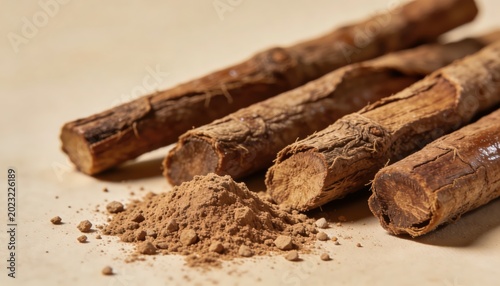 Tongkat Ali Roots and Herbal Powder Isolated on Neutral Background