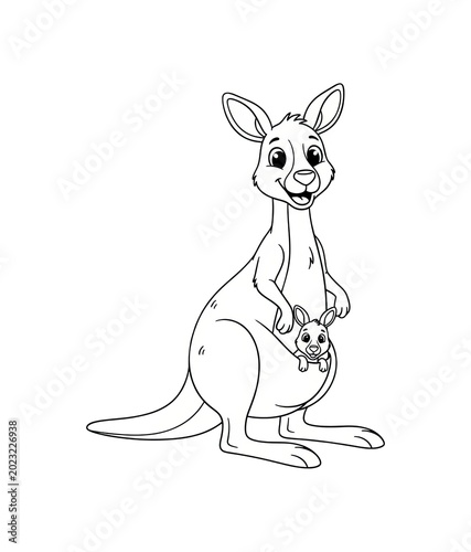 Kangaroo with joey in pouch, marsupial animal outline for children's education