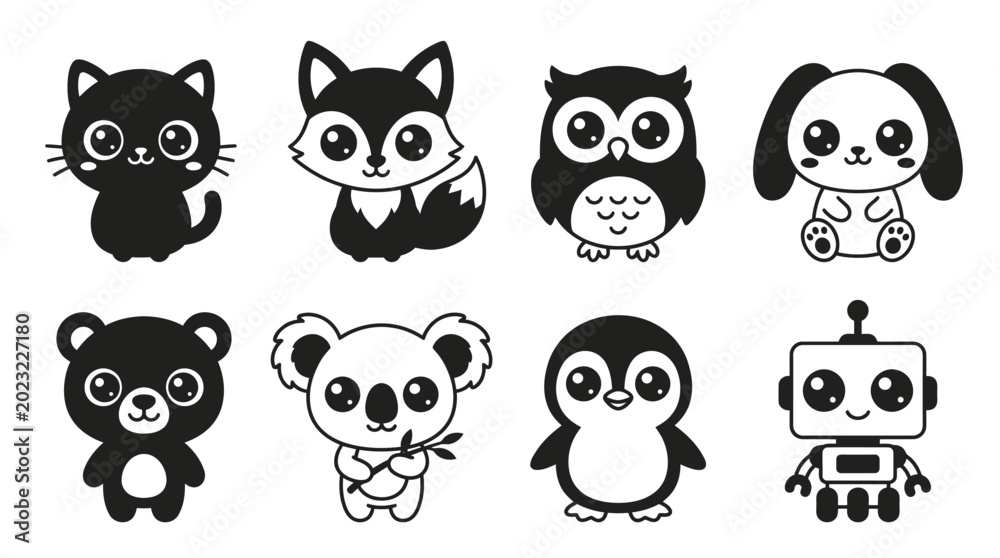 Obraz premium Cute Cartoon Animals and Robot Collection - Black and White Vector Icons