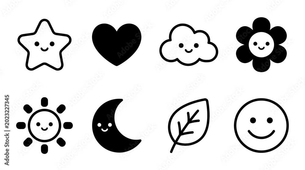 Fototapeta premium Cute Doodle Icons: Star, Heart, Cloud, Flower, Sun, Moon, Leaf, Smiley
