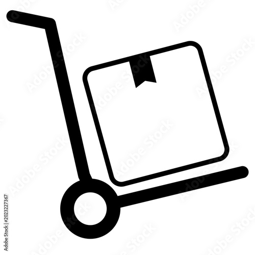 A black hand truck icon carrying a sealed cardboard box