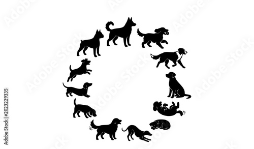 Obraz na płótnie Minimal black dog silhouette vector pack with playful canine poses isolated on w
