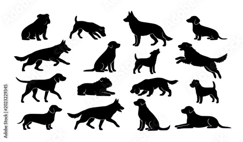 Quadro em tela Black canine silhouette vector set with active and resting dog poses isolated il