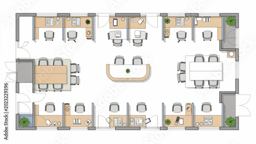 Fotografía modern office floor plan with desks chairs meeting rooms and plants overhead vie