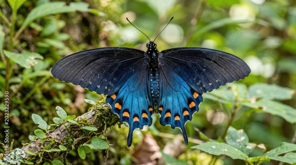 Naklejka premium Vibrant Blue Black Butterfly Resting on Mossy Branch in Lush Forest