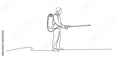 Fotografie Man with backpack sprayer spraying pesticide or fertilizer, one line drawing Vec