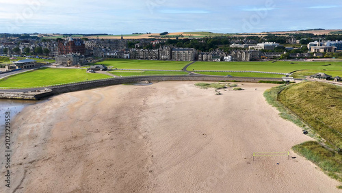 Fotografie Aerial View of St Andrews West Sands Beach and Historic Townscape