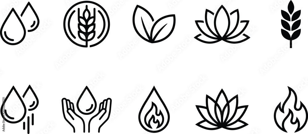 Fototapeta premium Minimalist nature and elemental line icons with water drops, lotus flowers, wheat stalks, leaves, and flames for eco design