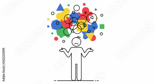 Confused figure overwhelmed by colorful abstract thoughts