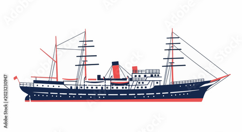 Stylized illustration of a large, multi-masted sailing ship with red accents