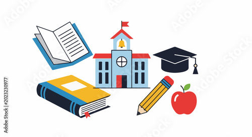 School building, books, graduation cap, pencil, and apple on white background