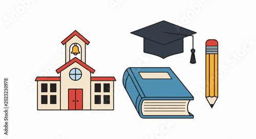 Stylized school, graduation cap, open book, and pencil against white background