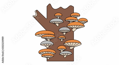 Cartoon mushrooms grow on a brown tree trunk