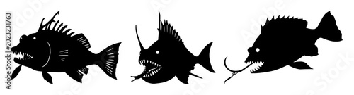 Obraz na płótnie Anglerfish set with high contrast silhouette featuring glowing lure, jagged teet