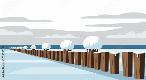 A row of snow-capped posts extends into a winter landscape with a gray sky