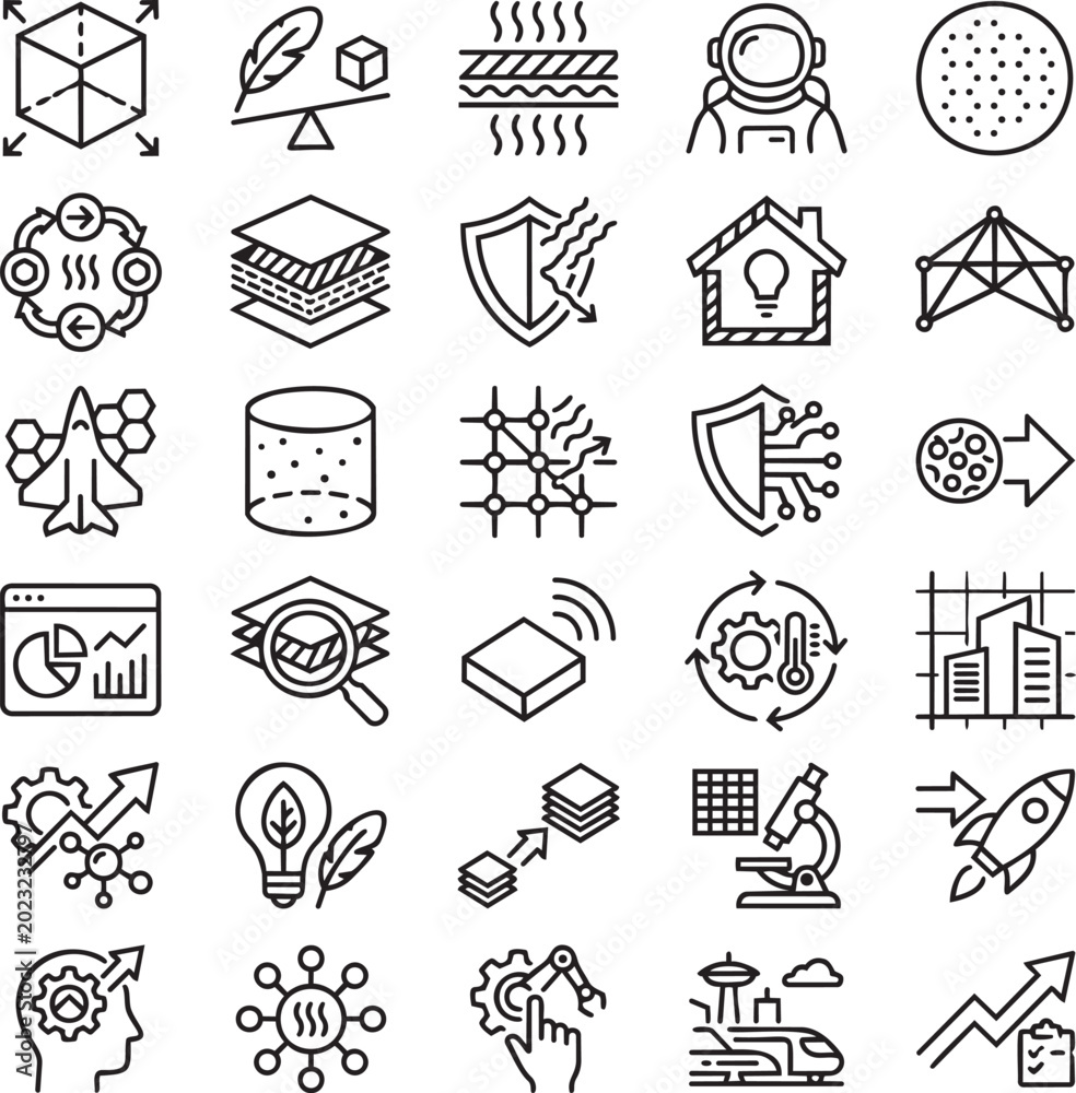 Ταπετσαρία Aerogels & Ultra-Light Solids Line Icons Set – 30 Minimal Black Outline Vector I