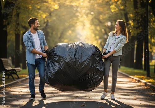 Couple carrying large trash bag outdoors environmental responsibility