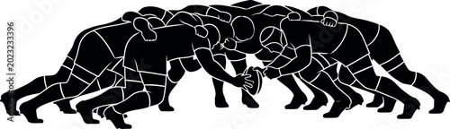 Black line art illustration of rugby players in scrum formation