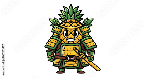 Fotografie Pineapple cartoon character in samurai armor.