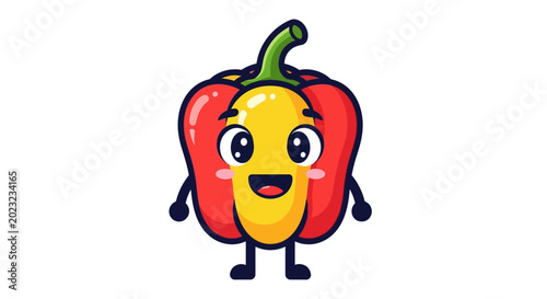 Smiling cartoon red bell pepper character.