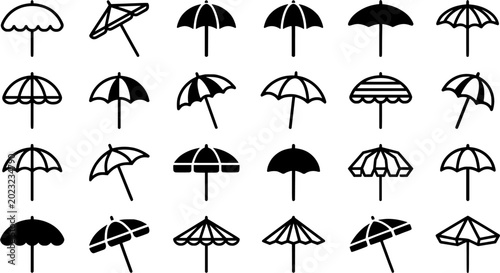 Black Beach Umbrella Icon Set with Parasol, Sunshade and Summer Vacation Shade Variations Isolated on White Background