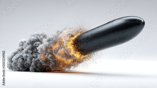 A sleek, dark projectile pierces through thick grey smoke and a burst of fiery orange sparks,