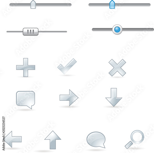 Web interface icons, UI elements, navigation symbols, gray and blue vector graphics