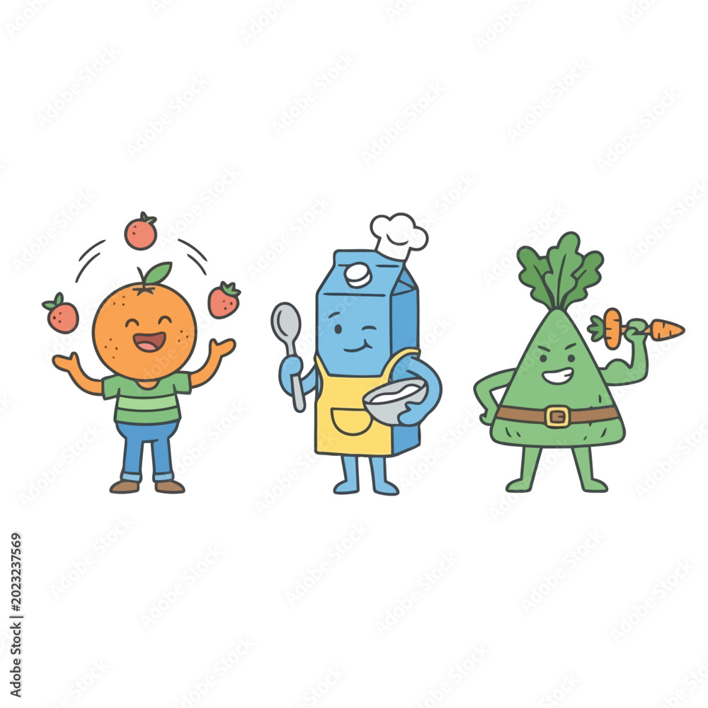 Fototapeta premium Fun food mascot characters including juggling orange cooking milk and strong radish.