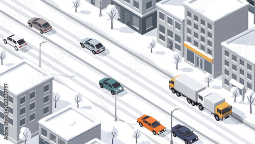isometric snowy city street with colorful cars trucks buildings and bare trees