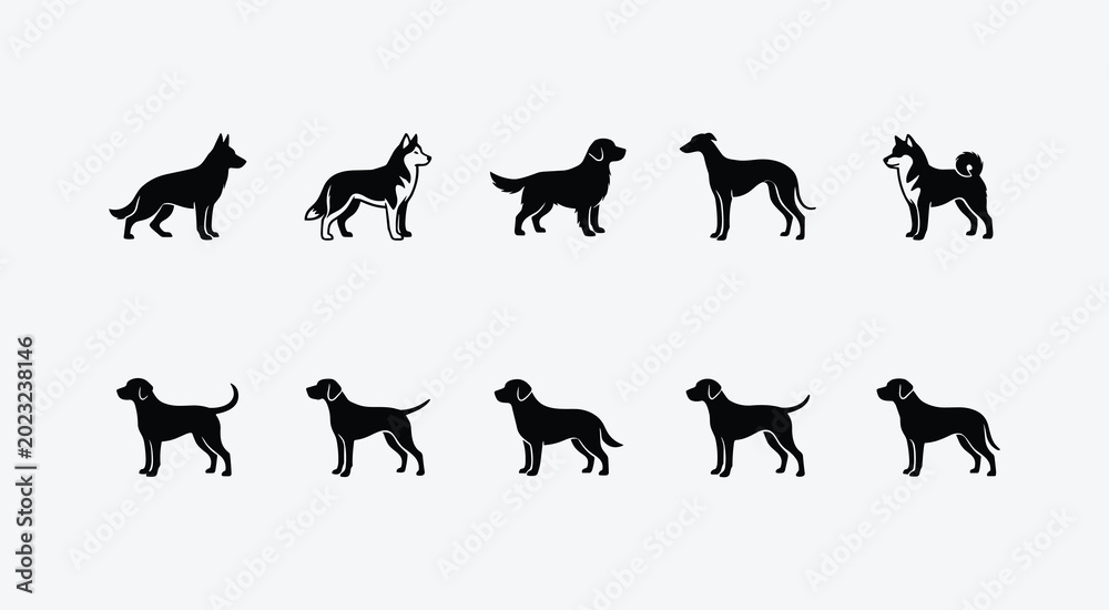 Fototapeta premium Collection of dog breed silhouettes, icon vector