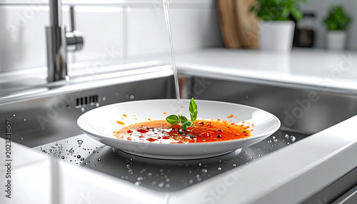 Rinsing dirty white plate with water in kitchen sink