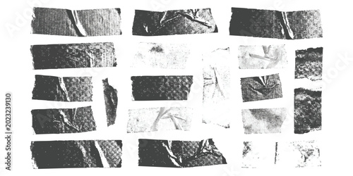 Tableau sur toile Set of black duct tape strips with wrinkled texture and torn edges for industria