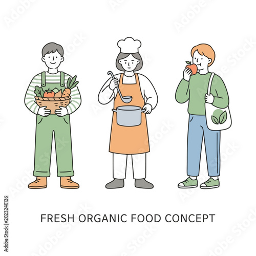 Bild auf Leinwand Fresh organic food concept featuring farmer chef and consumer characters