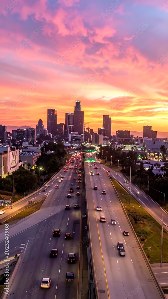 Fototapeta premium Sunset over city highway with traffic.