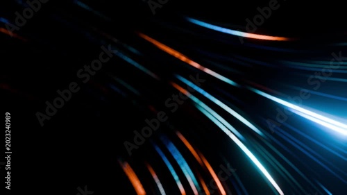 Futuristic neon light trails speed lines on dark background