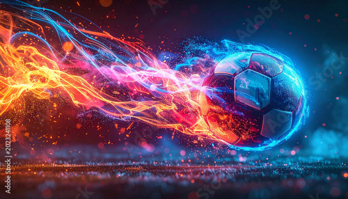 A dynamic conceptual 3D illustration of a soccer ball speeding through the air, engulfed in vibrant orange flames on one side and glowing blue neon energy smoke on the other 